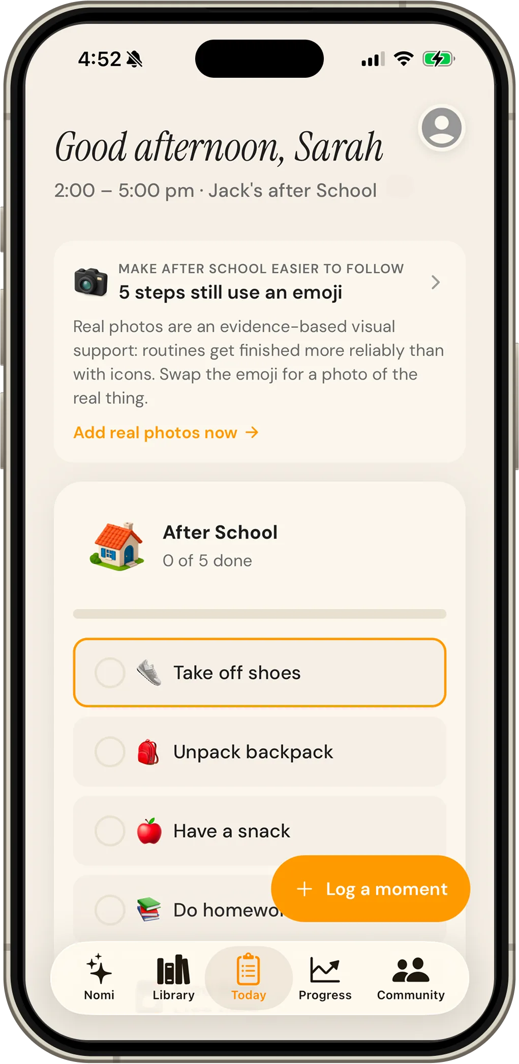The Nomi Today screen showing an After School visual routine with steps to take off shoes, unpack backpack, have a snack and do homework.